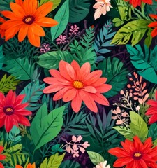 a vibrant and lush tropical pattern with a variety of flowers and leaves in shades of orange, pink, green, and purple