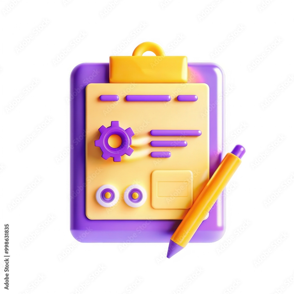 Poster a vibrant 3d render of a clipboard with editable elements like gears and buttons, along with a yello