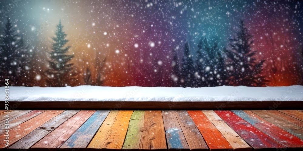 Aufkleber a snowy winter scene with a wooden deck in the foreground, featuring a colorful wooden railing and a