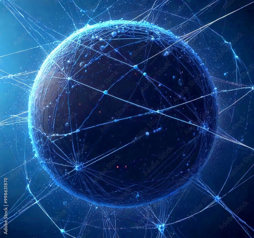 Poster a spherical object surrounded by a complex network of interconnected lines and dots, creating a sense of depth and dimensionality