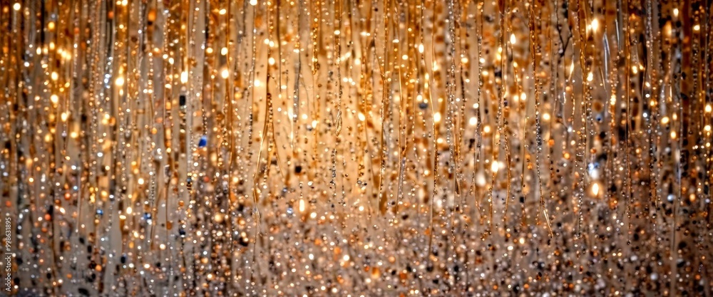 Poster a close-up view chandelier with numerous small, dangling lights that create a shimmering, sparkling effect The lights are arranged in a grid-like pattern, with some
