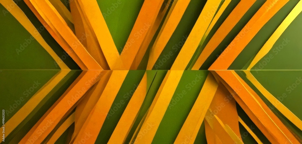 Poster a geometric abstract composition of intersecting diagonal lines in various shades of green and orange, creating a sense of depth and movement