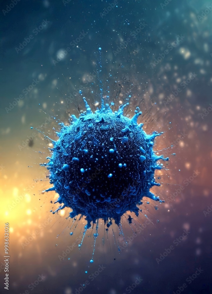 Aufkleber a microscopic blue virus particle suspended in a dark, starry background, with a gradient of colors 