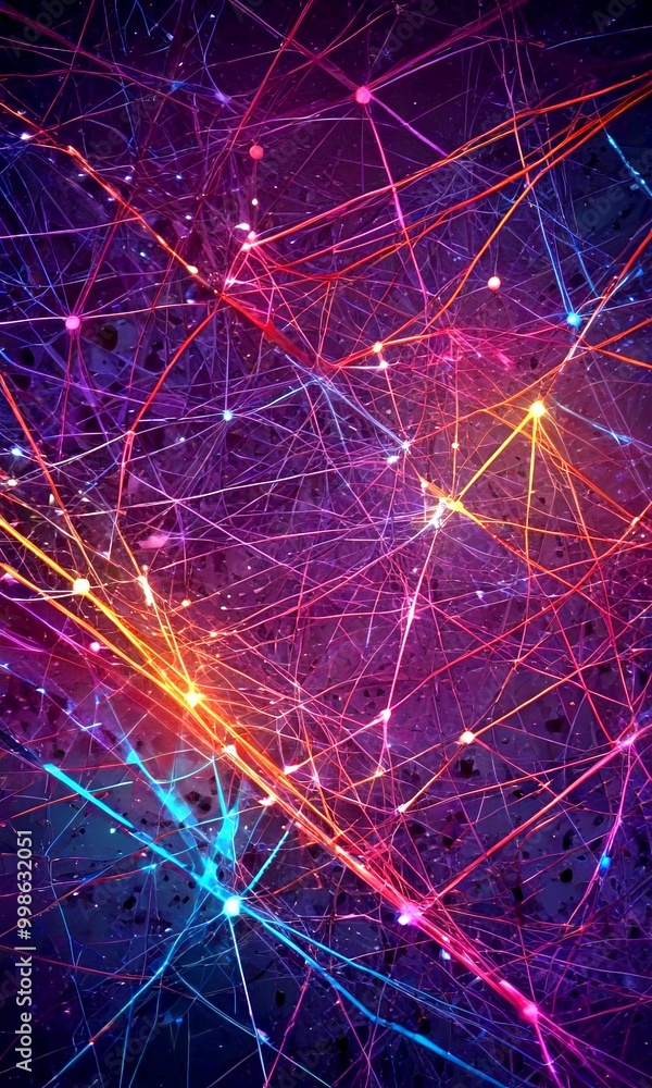 Poster a digital illustration featuring a complex network of interconnected lines and dots in various colors, including orange, blue, and purple, against a dark background