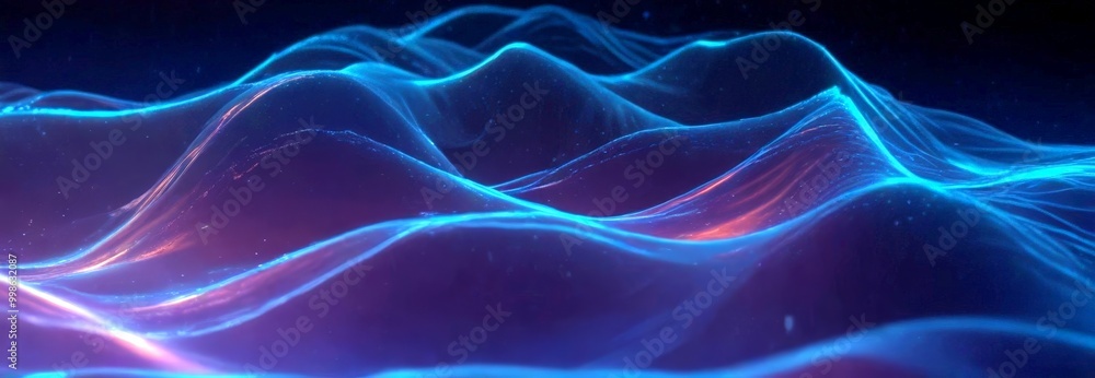 Poster a digital art piece featuring a wave-like pattern with a gradient of blue and purple hues, creating a sense of movement and fluidity