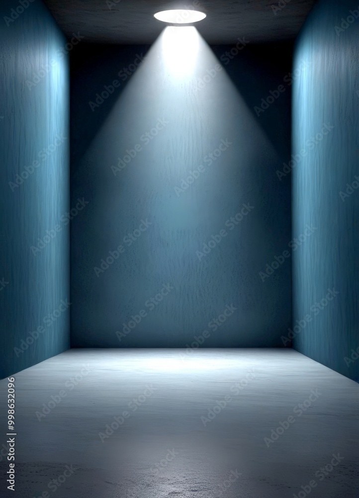 Poster a dimly lit, empty room with a single spotlight shining down from the ceiling, casting a dramatic sh