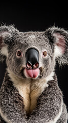 close-up photo of a koala with gray fur, large round ears, and a black nose, sticking out its tongue playfully