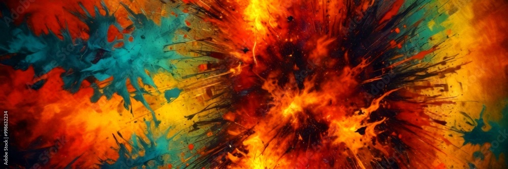 Poster the explosion is a vibrant explosion of color, with splashes of red, orange, yellow, and green, crea