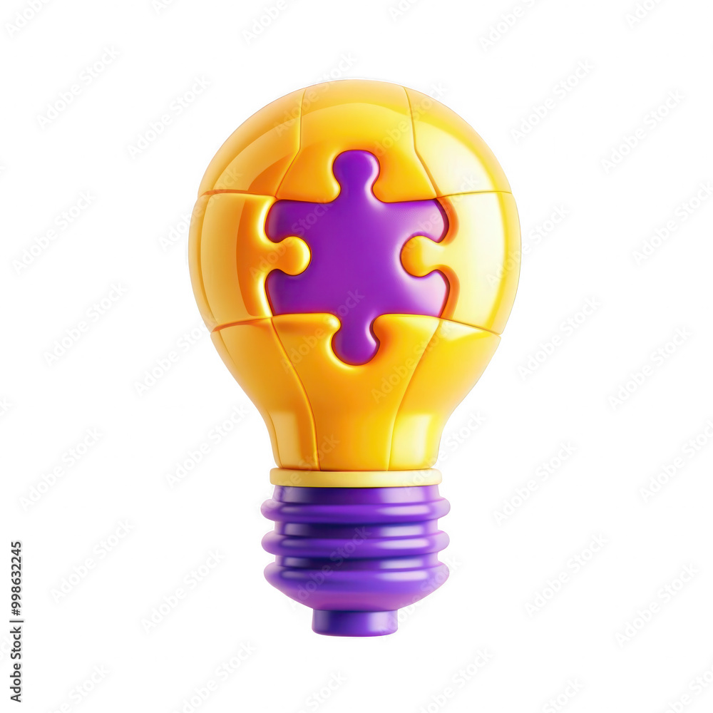 Poster a colorful 3d model of a light bulb featuring a puzzle piece design in yellow and purple, emphasizin