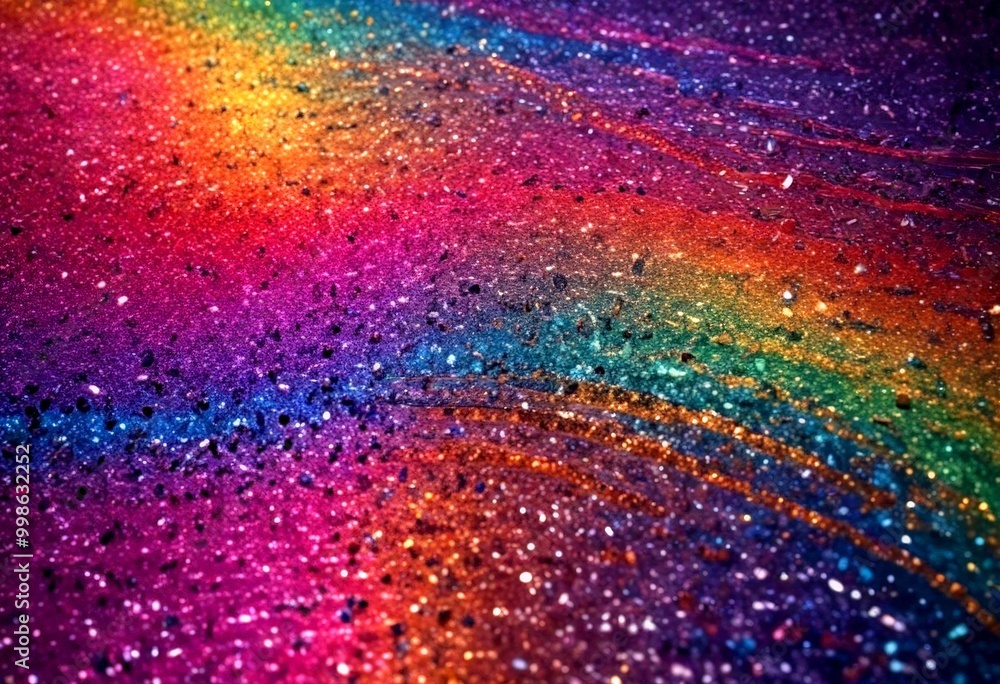 Poster a close-up view textured surface with a rainbow-like gradient, featuring a mix of purple, orange, ye