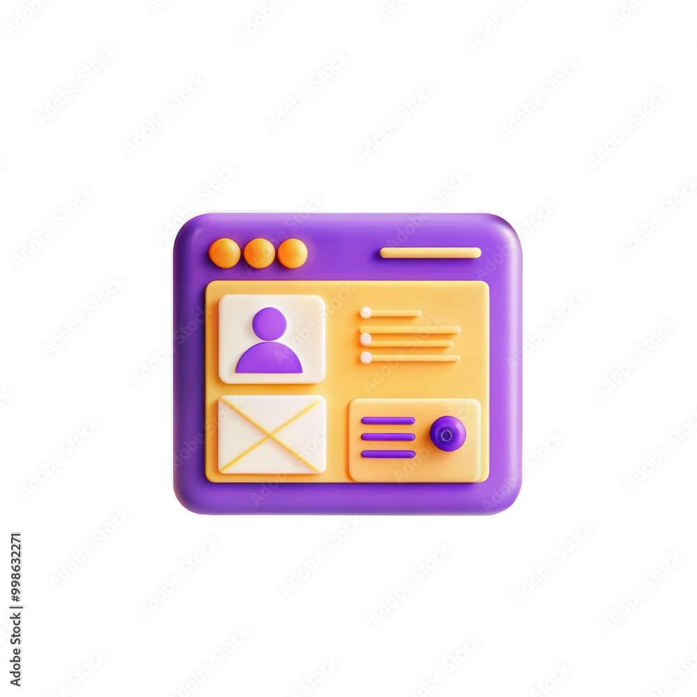 Poster a colorful 3d render of a user interface design element featuring an avatar, text fields, and icons.