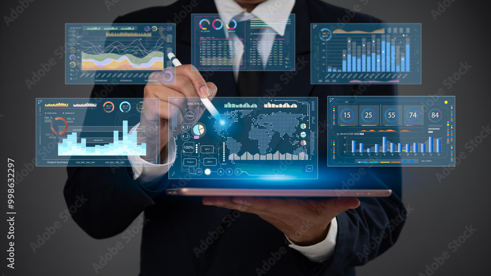 Aufkleber businessman analyzing financial data on tablet with futuristic digital dashboard and visual analytic