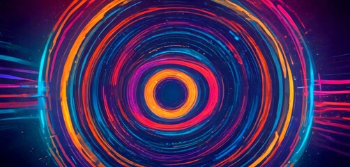 a vibrant abstract composition of concentric circles in various colors, including orange, blue, and purple, against a dark background