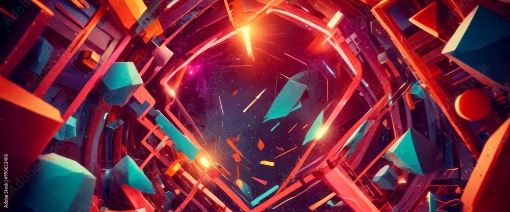 Poster a digital art piece featuring a complex network of geometric shapes and lines, including triangles, 
