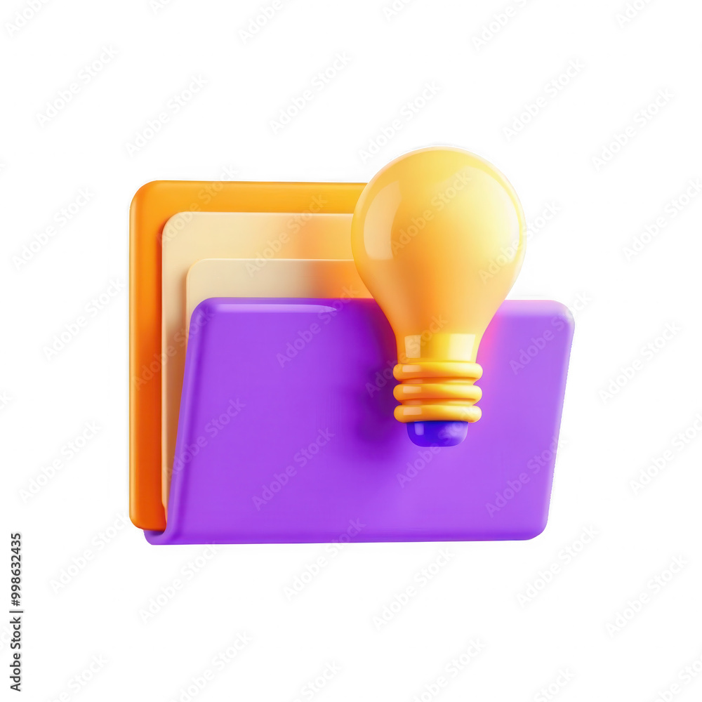 Poster a vibrant 3d model showcasing colorful folder designs with a light bulb symbolizing ideas or creativ