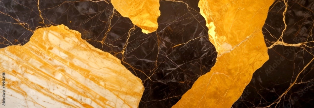 Poster a close-up view marble surface with a striking contrast between the dark and light areas The dark areas are marked with a lighter shade of gold, creating a sense of