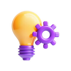 A vibrant 3D graphic of a yellow lightbulb beside a purple gear. This model symbolizes creativity and innovation in technology.