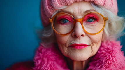 Vibrant Elderly Woman with Bright Makeup and Circle Glasses, Embracing Joyful Kidulthood Concept
