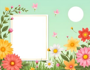 Fototapeta premium Spring Sale Banner, Colorful Chrysanthemum and Daisy Flowers with White Frame for Discount and Text