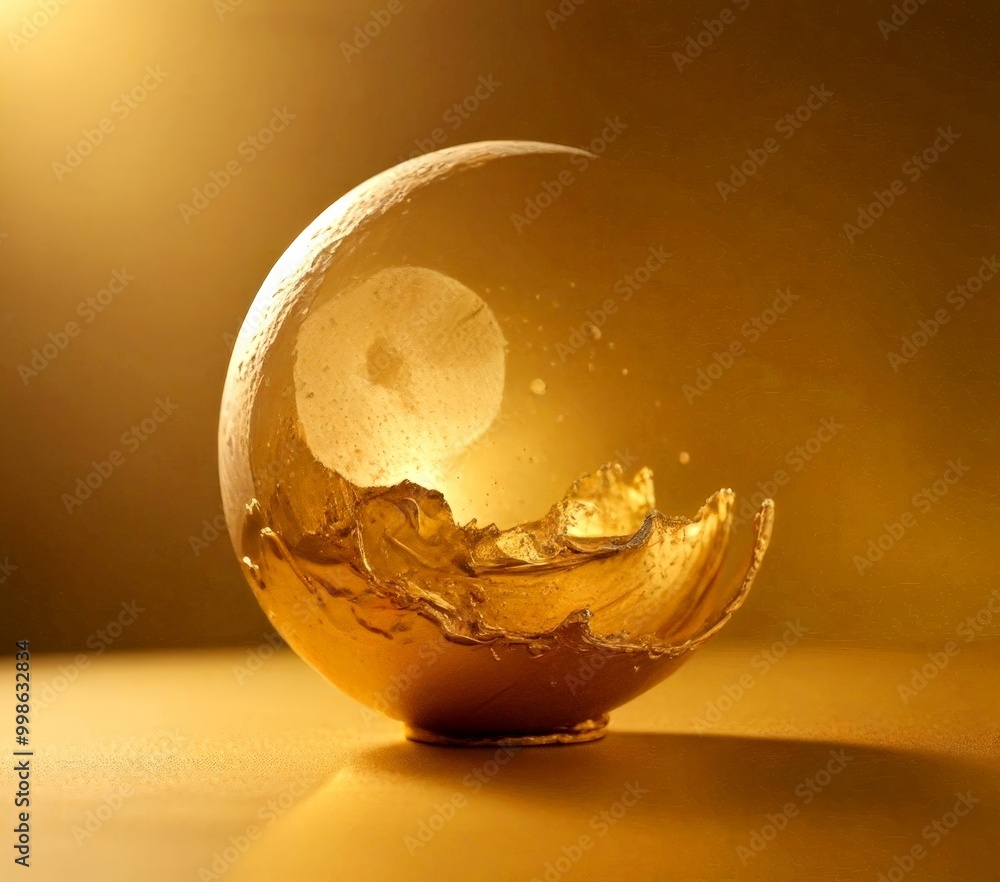 Poster a golden sphere with a crescent moon-like shape, set against a golden background