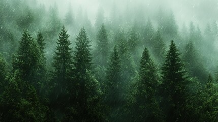 Rain falling on the forest.