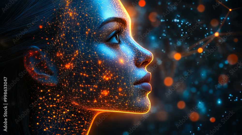 Poster side profile of woman illuminated by glowing neon nodes representing artificial intelligence and neu