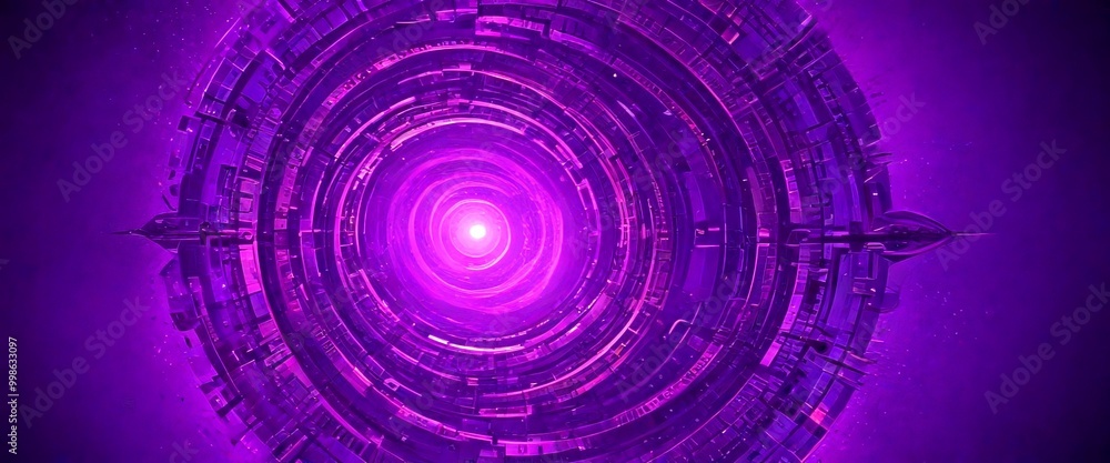 Poster a futuristic cityscape, characterized by a complex network of buildings and structures, all in a striking shade of purple The buildings, varying in height