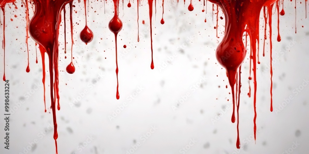 Poster a close-up view of dripping red paint on a white background, creating a sense of movement and energy