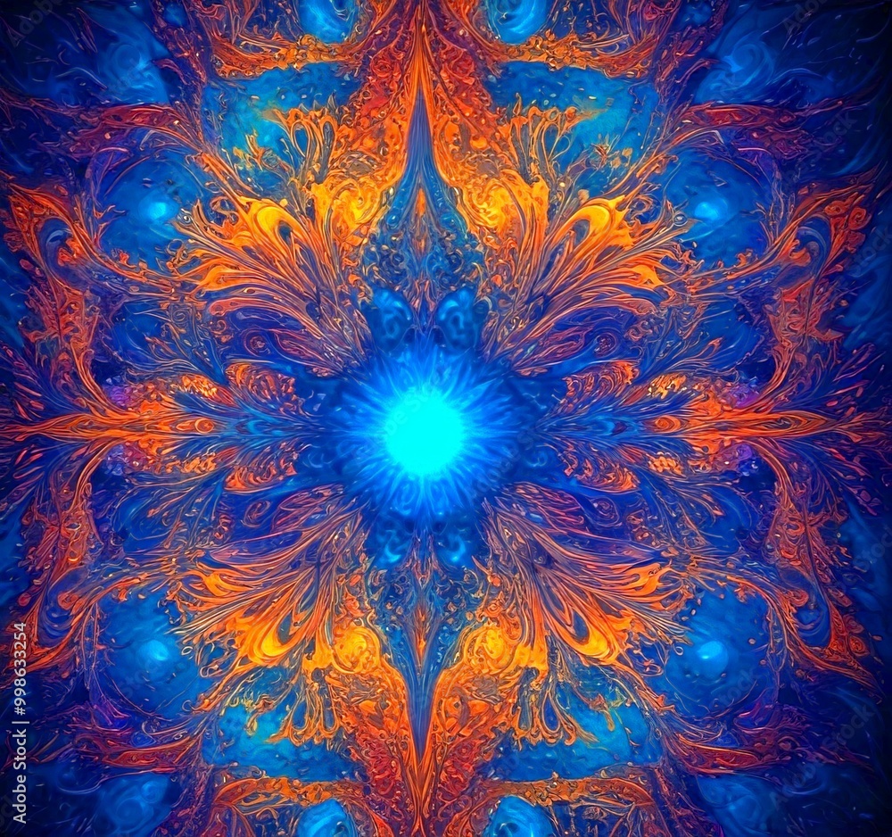 Poster a symmetrical pattern of intricate, swirling designs in shades of blue, orange, and purple, creating