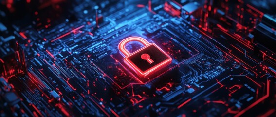 3D rendering of a hologram padlock on a circuit board, depicting digital security amidst a cyber attack theme, Created with Generative AI.