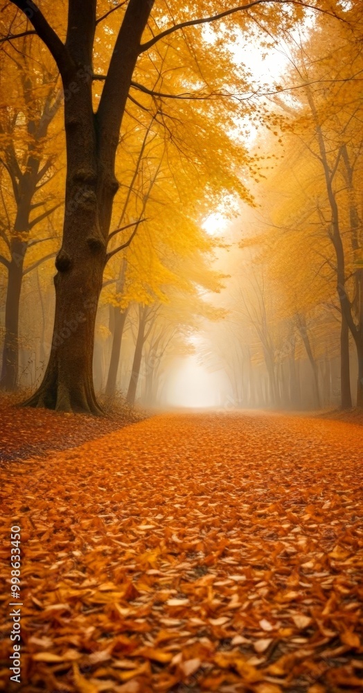 Fototapete a serene autumn scene unfolds in a forest, with a path lined by trees adorned in vibrant yellow leav