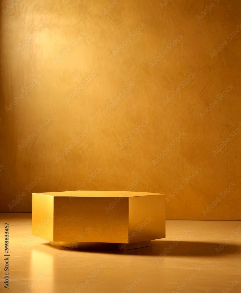 Aufkleber a golden hexagonal table stands alone in a room with a textured beige wall, casting a shadow on the 