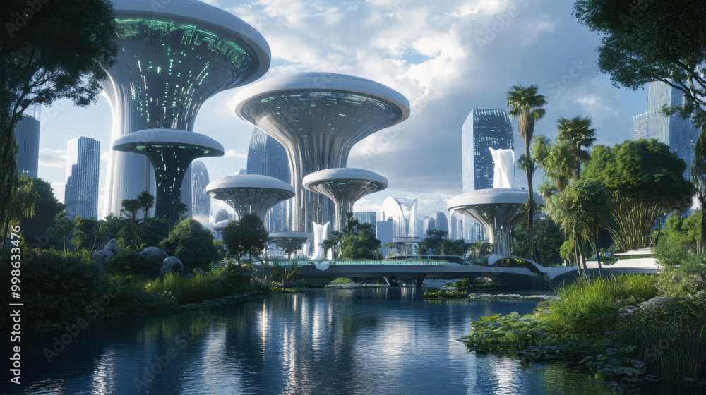 Poster futuristic cityscape featuring advanced architecture and lush greenery, showcasing innovative struct