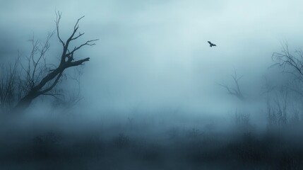 A single bird flies over a foggy, dark, and mysterious forest.