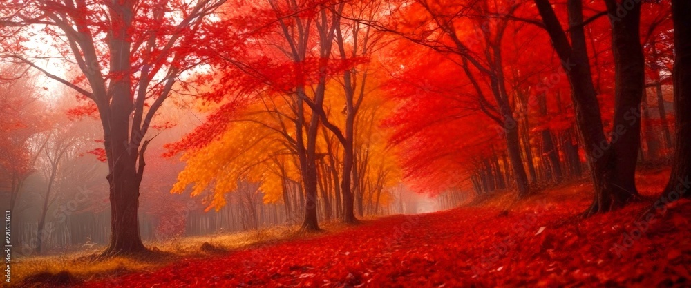 Poster a serene forest path, carpeted with fallen red leaves, winds through a grove of trees displaying vib