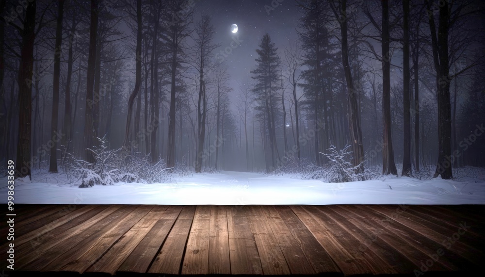 Poster a snowy forest floor with a wooden platform in the foreground, under a dark, cloudy sky with a cresc