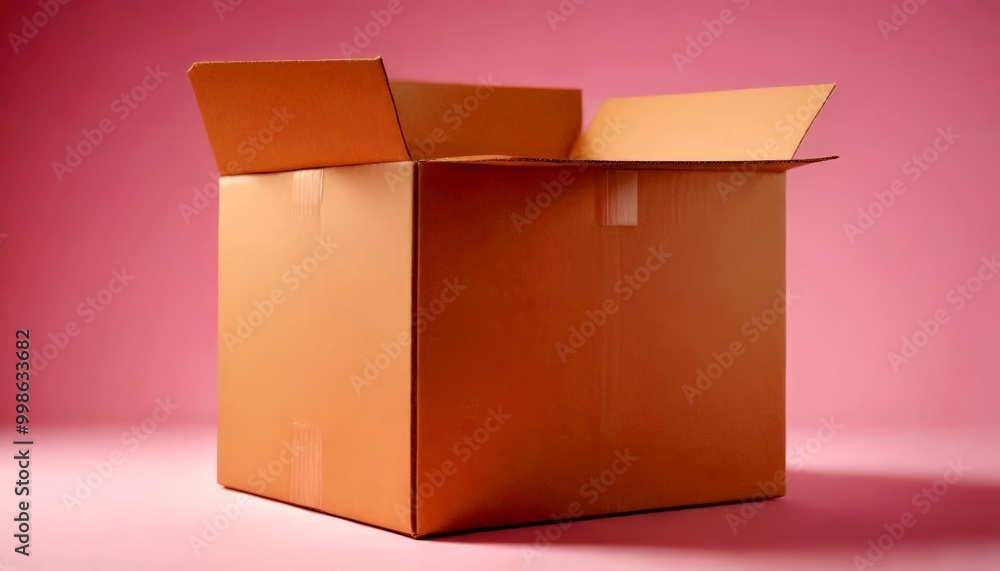 Poster an open cardboard box with its flap open, set against a pink background