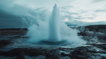 geyser erupting, shooting water and steam high into air, creates stunning natural spectacle. surrounding landscape adds to dramatic atmosphere of this geothermal wonder