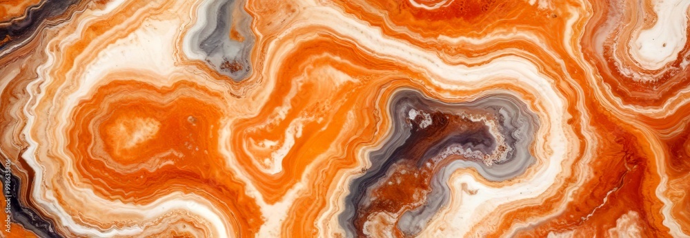 Poster a close-up view marble surface with a swirling pattern of orange, brown, and white hues, creating a captivating visual effect