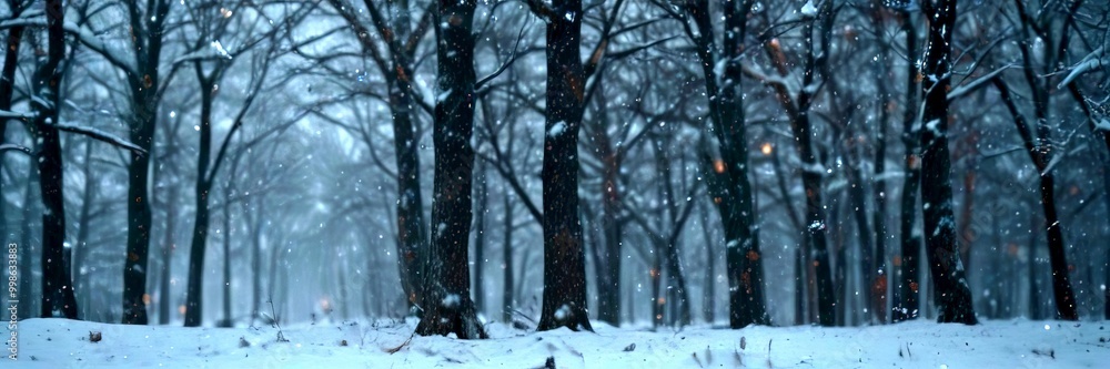 Poster a snowy forest scene with bare trees and falling snowflakes
