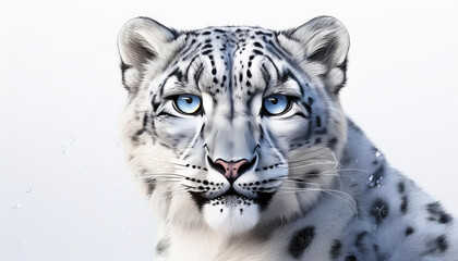 Close up portrait of a snow leopard with piercing blue eyes.
