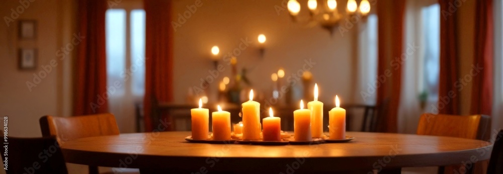 Aufkleber a warmly lit dining room features a wooden table with a group of lit candles, casting a soft glow on