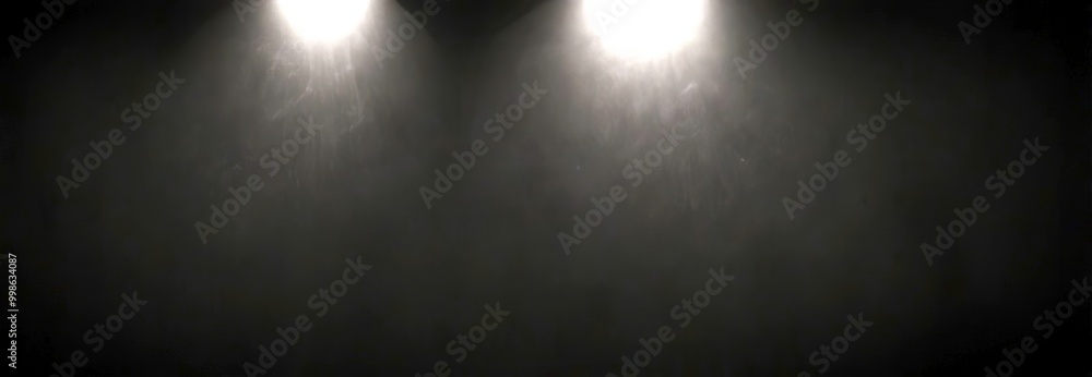 Poster a dark, moody scene with two spotlights shining down on a dark background, creating a dramatic effect