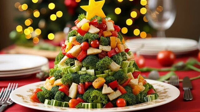 Christmas tree shaped vegetable tower is serving on a festive holiday table with a blurred christmas tree in the background