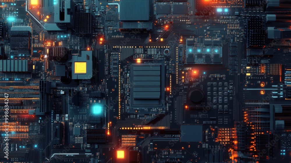 Poster a high-tech motherboard with visible data chips, processors, and circuitry, representing the backbon
