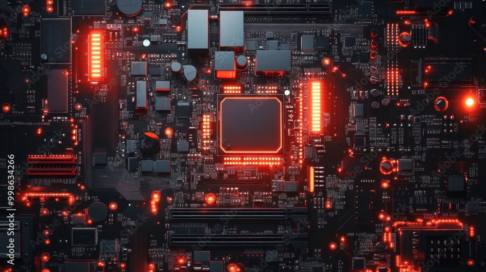 Poster a high-tech motherboard with visible data chips, processors, and circuitry, representing the backbon