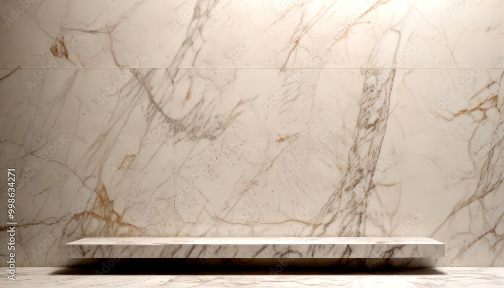 Poster a marble shelf with a white base and gray marble top sits against a marble wall with a subtle patter