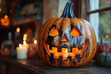 Halloween-themed image featuring a carved Jack-o'-lantern with a cheerful face, glowing from within, placed on a rustic wooden table near a window, with soft candlelight 