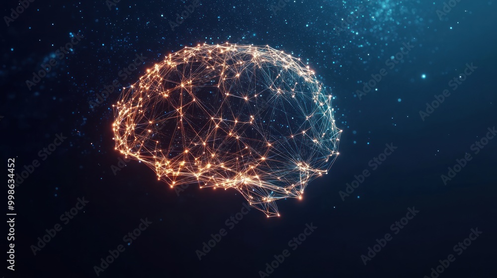 Wall mural abstract glowing digital brain made of connected dots with lines on a dark blue background.