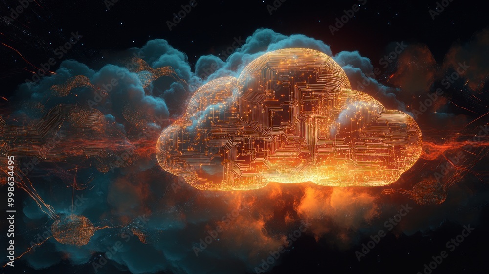 Wall mural glowing cloud with circuit board design in space.
